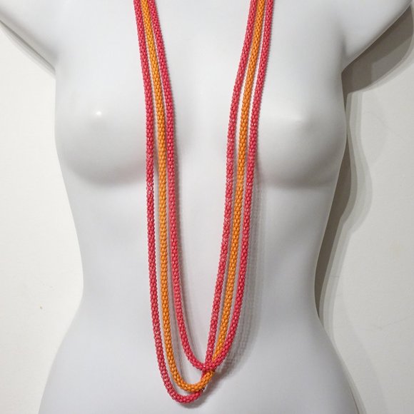 Lee Angel Pink Orange Enamel Mesh Three layer Necklace NWT 595 - Picture 1 of 9